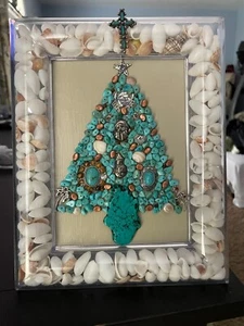 handmade Framed jewelry art beach tree shells r in frame turquoise flamingo palm - Picture 1 of 4