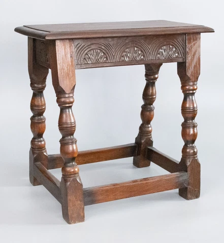 Antique 19th Century English Carved Oak Pegged Joint Stool Side Table Cover