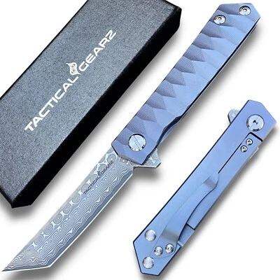 Solid Tc4 Titanium EDC Folding Knife! Damascus Steel Blade! Ball Bearing Pivot - Image 1 of 4