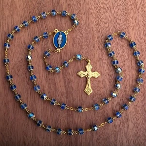 Blue Boxed Miraculous Rosary Sapphire Colored Double Capped Beads Gold Women - Picture 1 of 3