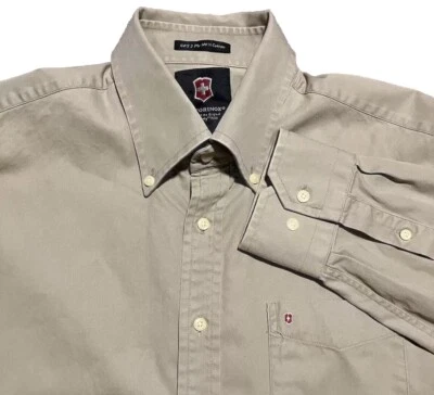 Victorinox Button Up Shirt Long Sleeve Beige Safari Mens Large 60s 2 Ply Swiss - Image 1 of 4