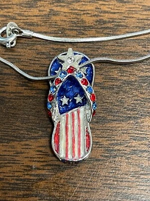 American Flag USA Flip Flop Beach Sandal Flower Charm Enamel Pendant Necklace - Image 1 of 3