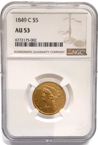 1849-C Liberty $5 Half Eagle Gold Coin NGC AU-53 Scarce Charlotte Coin! - Picture 1 of 6