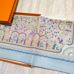 Unused HERMES Carre 90 LES JARDINS D'ARMENIE Silk Scarf 90cm Light blue Rare - Picture 1 of 24