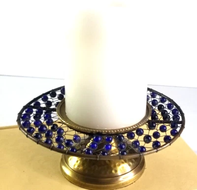 Hammered Brass Candle Holder Round Pedestal Blue Beads Plant stand  - Image 1 of 4