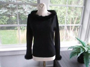 Vintage 90's Women's Faux Fur Trim Black Sweater Top Long Sleeve Size M ~ NWT - Picture 1 of 7