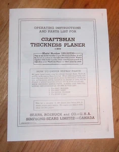 SEARS CRAFTSMAN 6 INCH THICKNESS PLANER OWNERS MANUAL 103.23700 23700 - Picture 1 of 1