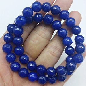 2 Pcs Natural 10mm Faceted Blue Sapphire Round Gemstone Elastic Bracelet 7.5" - Picture 1 of 12
