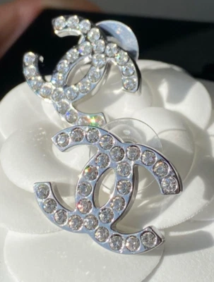 2017K CHANEL CLASSIC DARK SILVER RUTHENIUM CC LOGO EARRINGS WHITE CRYSTALS STUDS - Image 1 of 4