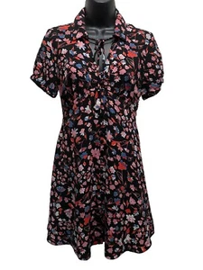 Candies Floral Black Pink Blue Button Up Tie Collar Dress Size Small - Picture 1 of 6