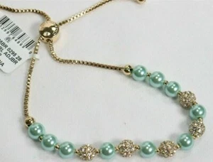 Charter Club Pave Imitation Pearl Slider Bracelet Aqua Gold Tone Adjustable NEW - Bild 1 von 7