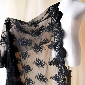 Schwarz Stickereien Blumenmuster Kostüm Spitze Stoff Pailletten Abend Kleid Rand - Bild 1 von 7