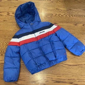 Vtg Levi's Boys Puffer Jacket Blue Water Resistant Hooded Small Coat 3-4 Years - Picture 1 of 5
