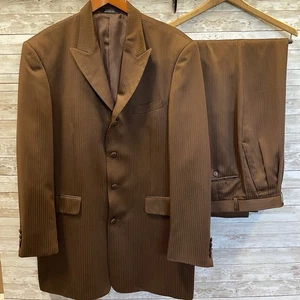 Vanetti Suit 44R Jacket 38 x 32 Pants Brown Pinstripes 4 Button Pleated Cuffed - Picture 1 of 23