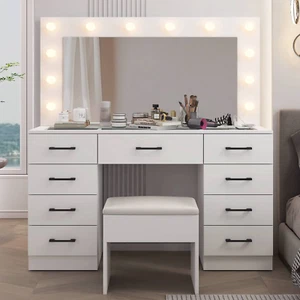 Large White Makeup Vanity Table Set with Drawers and Charging Station - Picture 1 of 11