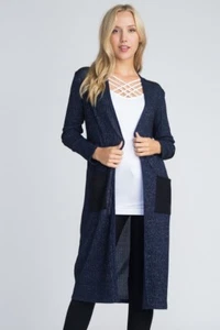 NWT Yelete Dark Blue Long Sleeve Cardigan w/ Faux Suede Accents Size M - Picture 1 of 3