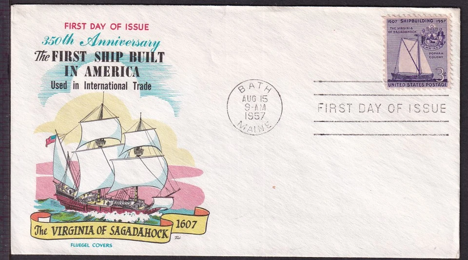 1957 Ship Virignia of Sagadahock Maine Sc 1095 FDC Fluegel Covers cachet (WX - Image 1 of 1
