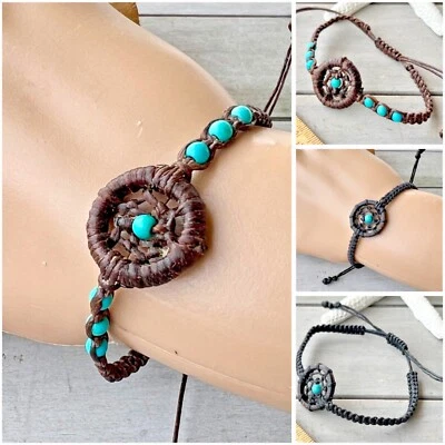 Armband Traumfänger 1,8 cm Western Style Perle Türkis Baumwolle gewachst Zugband - Bild 1 von 4