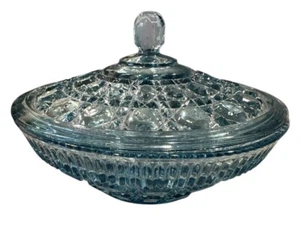Vintage Windsor Blue Indiana Glass Covered Candy Dish Button & Cane Pattern - Picture 1 of 9
