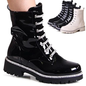 Damen Stiefeletten Glitzer Worker Biker Boots Plateau Booties - Bild 1 von 12