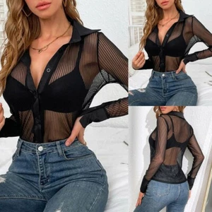 Camicetta donna nera maglia trasparente manica lunga vedi attraverso bottoni top 2025 - Foto 1 di 11