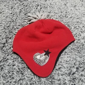 Sequin Heart Star Beanie Winter Hat Red Black Pom Pom Ear Flap One Size Girls - Picture 1 of 8