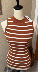 Canotta Zesica NUOVA con etichette collo alto slim fit a costine righe marrone caramello grande - Foto 1 di 4