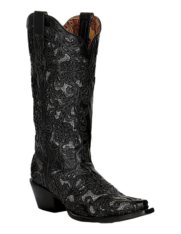 Corral Style G1080 Dark Brown Leather Black Floral Embroidered Cowboy Boots 9