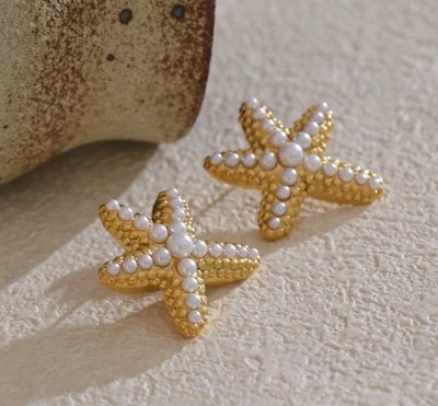 Pendientes Anthropologie Estrella de Mar Perla Boho Oro Circonita Náutica Océano Peces Declaración Foto 1 de 4