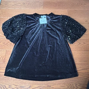 Blusa THML Negra Lentejuelas Burbuja Manga Abullonada Terciopelo Top S NUEVA Fiesta de Vacaciones - Imagen 1 de 8
