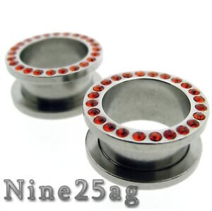 PAIR OF 1" INCH 26MM RED GEM FLESH TUNNELS w/stones PLUGS PLUG BLING TUNNEL