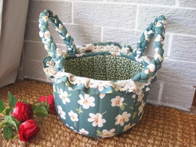 Flower Green Crochet Lace Braided Handle Cotton Quilted Round Storage Basket N - Image 1 of 4