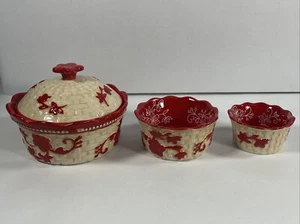 Temptations Basketweave Nested Nesting Bowls Floral Lace Lid PPP SQ 962920 Red - Picture 1 of 14