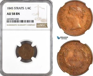 AH359, Straits Settlements, Victoria, 1/4 Cent 1845, NGC AU58BN - Picture 1 of 1