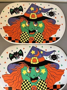 Retro Halloween Hexe Fledermaus Spinne Bunt Vinyl Tischset (4) 1990’s - Bild 1 von 8
