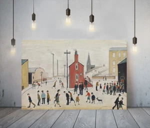 LOWRY STYLE STREET SCENE 1937-FRAMED CANVAS WALL ART PICTURE PAPER PRINT- RED - Picture 1 of 12