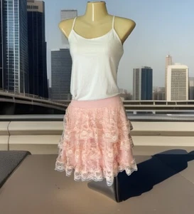 Women’s Tiered Layered Lace Skirt Size Medium Light Pink A-Line Mini Sheer Lined - Picture 1 of 9