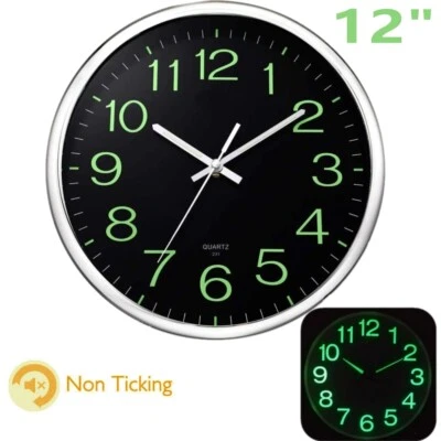 Large 12 inch Modern Battery Wall Clock Luminous Glow Night Lights Quartz Silent - Image 1 of 4