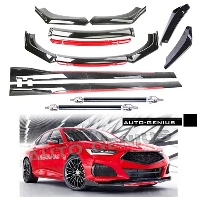 For Acura ILX Front Bumper Lip Spoiler Body Kit+Side Skirt Glossy blk+Red - Image 1 of 4