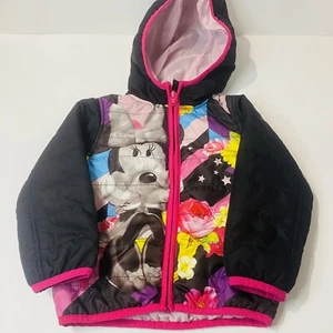 Minnie Mouse Print Disney Girl's Hooded Puffer Jacket Black and Cartoon Print - Picture 1 of 5