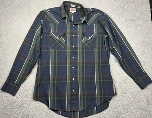 Vintage Ely Cattleman Western Shirt XL Tall Long Sleeve Pearl Snap Plaid Blue - Picture 1 of 14