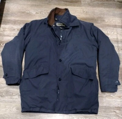 Vintage Rainforest Coat Medium Blue Down Insulated Lined Leather Collar Chore - Image 1 of 4