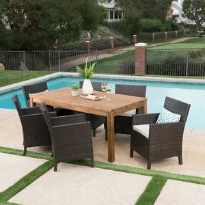 Lilith Outdoor 7 Piece Multibrown Wicker Dining Set with Teak Finished Acacia - Picture 1 of 12