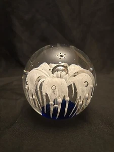 Glass Paperweight. BLue Flower With Blue & White Bottom 3"x3" Some Bubbles. - Picture 1 of 9