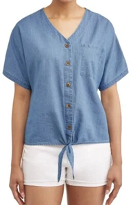 Chambray Top S 4 6 Linen Blend Oversized Button Tie Up Front Shirt Blue NEW NWT - Picture 1 of 9