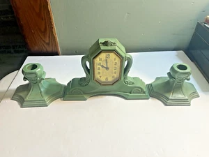 3-Piece Art Deco Green Metal Clock & Candlestick Holders Estate Find - Picture 1 of 8