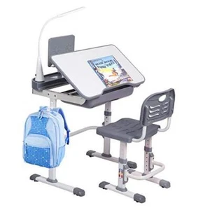 Kids' Desk and Chair Set, Height Adjustable Child's School Study Writing Grey - Picture 1 of 8