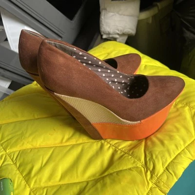 Туфли на платформе LIliana Colorblock на танкетке размер 8,5 разноцветные коричневые стиль 70-х - Изображение 1 из 4