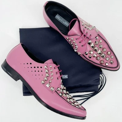 Prada Pink Studded Leather Oxford Lace Up Shoes with Silver Hardware IT 36 - Image 1 of 4
