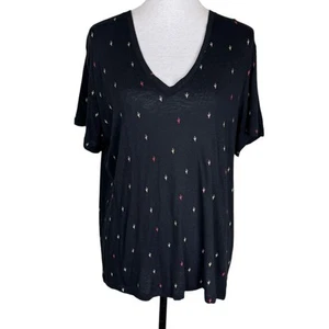 Rails L Cara Black Rainbow Cactus V-Neck Lightweight Linen Blend Boho Casual Tee - Picture 1 of 12